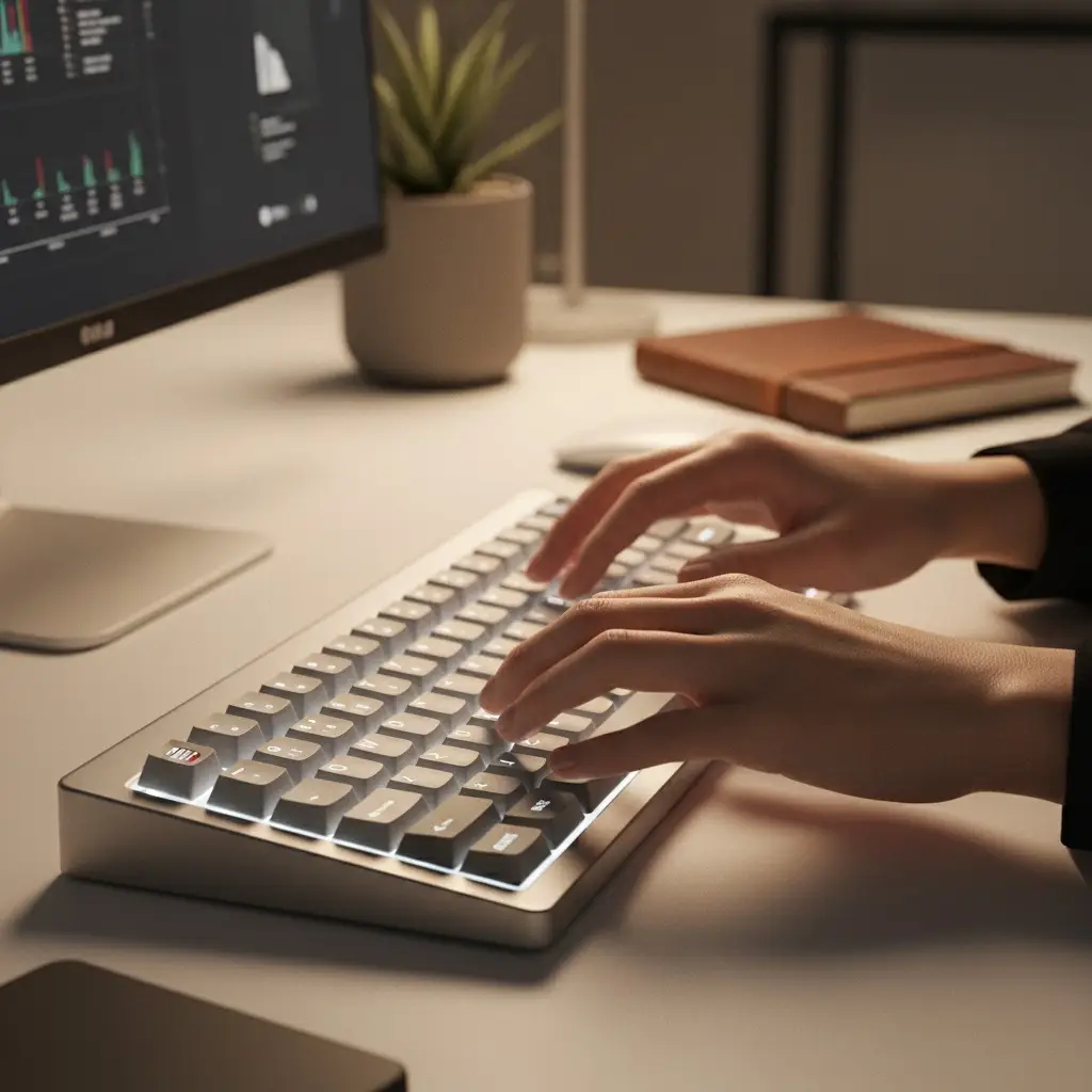 A person types on a backlit mechanical keyboard at a desk with a computer monitor and a small potted plant.